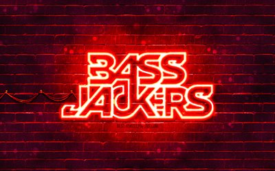 logotipo rojo de bassjackers, 4k, superestrellas, dj holandeses, pared de ladrillo rojo, logotipo de bassjackers, marlon flohr, ralph van hilst, bassjackers, estrellas de la m&#250;sica, logotipo de ne&#243;n de bassjackers