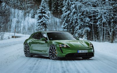 4k, Porsche Taycan Turbo Sport Turismo, winter, 2022 cars, green Taycan, offroad, electric cars, 2022 Porsche Taycan, german cars, Porsche