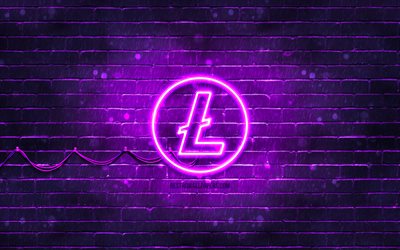 Litecoin violet logo, 4k, violet brickwall, Litecoin logo, cryptocurrency, Litecoin neon logo, Litecoin