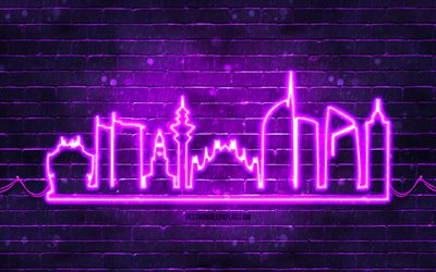 Milan violet neon silhouette, 4k, violet neon lights, Milan skyline silhouette, violet brickwall, italian cities, neon skyline silhouettes, Italy, Milan silhouette, Milan