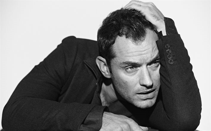 Jude Law, İngiliz oyuncu, portre, siyah beyaz