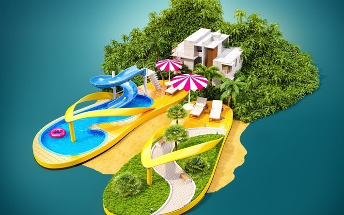 عطلة الصيف, الفندق, مفهوم 3d, السفر في الصيف, حمام سباحة, عطلة, جزيرة استوائية