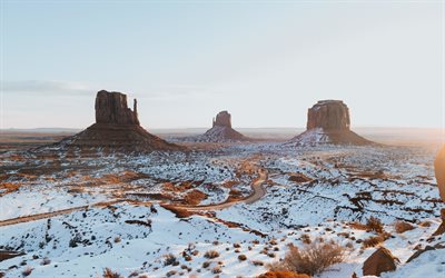 Arizona, winter, Monument Valley, snow, Colorado Plateau, West Mitten Butte, East Mitten Butte, Merrick Butte, winter landscape, USA