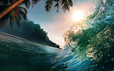 موجة, جزيرة استوائية, أشجار النخيل, غروب الشمس, مساء, المحيط, الشاطئ, السفر في الصيف, أشجار النخيل فوق الماء
