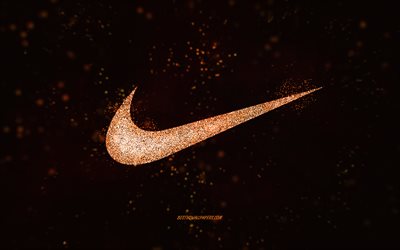 Nike glitter logo, black background, Nike logo, orange glitter art, Nike, creative art, Nike orange glitter logo