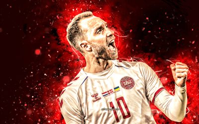 Christian Eriksen, 4k, 2022, red neon lights, Denmark National Team, fan art, Eriksen, soccer, footballers, Danish football team, Christian Eriksen 4K