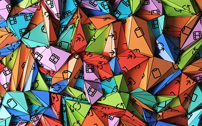 الأهرامات الملونة, 4k, خلاق, تصميم المواد, الفن الهندسي, مثلثات, الخلفية مع الأهرامات, أنماط المثلثات, الأشكال الهندسية, الاهرام