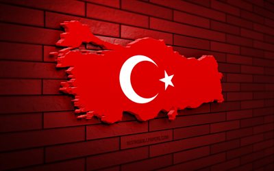 Turkey map, 4k, red brickwall, European countries, Turkey map silhouette, Turkey flag, Europe, Turkish map, Turkish flag, Turkey, flag of Turkey, Turkish 3D map