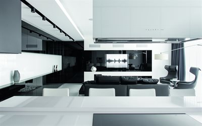白黒のリビングルーム, 4k, 白い家具, 黒のアームチェア, モダンなインテリア, ミニマルなインテリア, モダンなデザイン, living room, 寝台