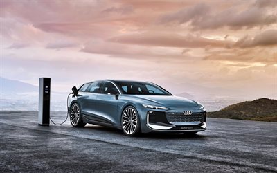 Audi A6 Avant e-tron Concept, 2022, front view, exterior, electric car charging, new silver A6 Avant e-tron, German cars, Audi