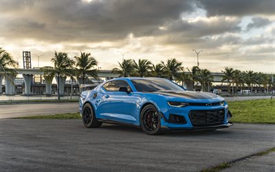 2022, Chevrolet Camaro ZL1, 4k, blue sports coupe, exterior, front view, Camaro tuning, blue Camaro, american cars, Chevrolet