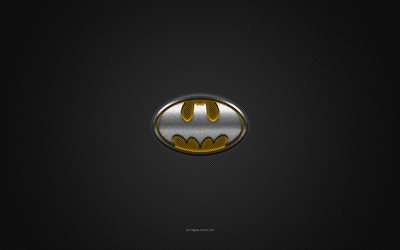 logotipo de batman, logotipo amarillo brillante, emblema de metal de batman, textura de fibra de carbono gris, batman, marcas, arte creativo, emblema de batman