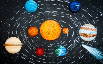 sistema solar, obras de arte, el Sol, Venus, Plut&#243;n, Urano, la Tierra, Marte, Neptuno, J&#250;piter, Mercurio, planetarios de la serie, planetas, galaxias, sci-fi, una nave espacial