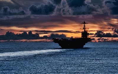 USS Theodore Roosevelt, CVN-71, american nuclear carrier, sunset, seascape, evening, American warships, US Navy, USA