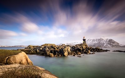 Lofoten, 4k, lighthouse, morning, sunrise, coast, sea, Lofoten Islands, Norwegian sea, Norway