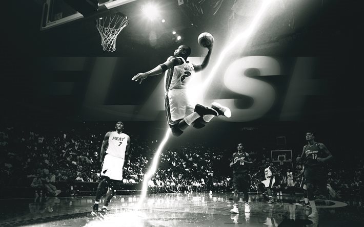 Dwyane Wade, NBA, les joueurs de basket-ball, monochrome, dunk
