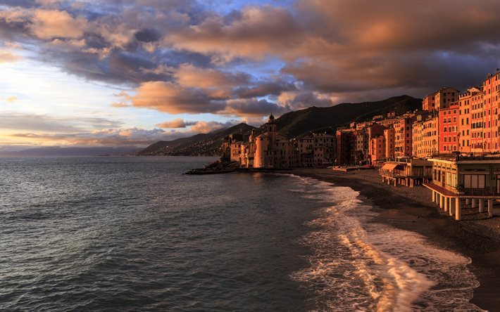 puesta de sol, playa, mar, costa, Camogli, Italia, Liguria, los viajes, la bas&#237;lica
