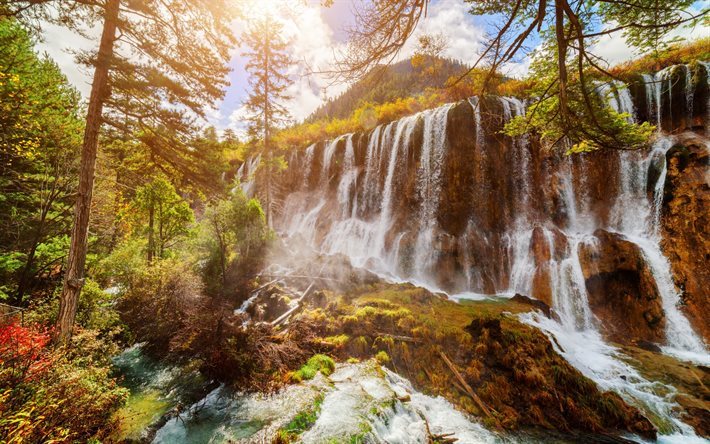 cascada, monta&#241;a, bosque, Jiuzhaigou Parque, Cascadas, China
