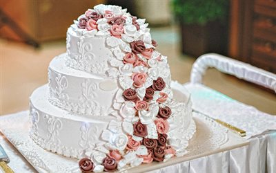 wedding cake, 4k, three-tiered cake, wedding concepts, cakes, sweets, wedding cake with roses