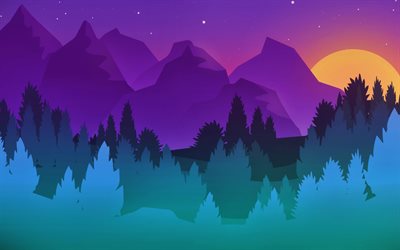 abstract nightscapes, 4k, abstract mountains, moon, nightscapes minimalism, creative, abstract forest, abstract landscapes, mountains