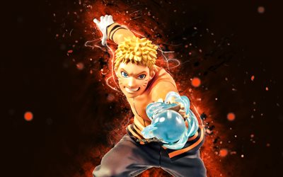 Boruto Uzumaki, 4k, orange neon lights, Naruto characters, battle, protagonist, Naruto, manga, Uzumaki Boruto, Uzumaki Naruto, samurai, Naruto Uzumaki