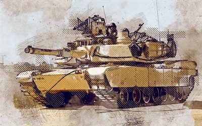 M1A2 SEP V2 Abrams, amerikansk tank, grunge konst, kreativ konst, m&#229;lade Uluru, ritning, M1 Abrams grunge, digital konst, M1A2
