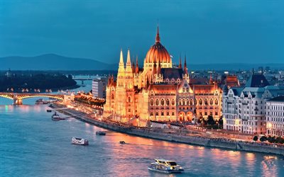 budapest, sera, palazzo del parlamento ungherese, tramonto, danubio, panorama di budapest, ungheria, paesaggio urbano di budapest