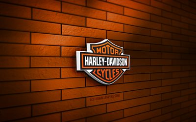 logo harley-davidson 3d, 4k, muro di mattoni arancione, creativo, marchi di motociclette, logo harley-davidson, logo in metallo harley-davidson, arte 3d, harley-davidson