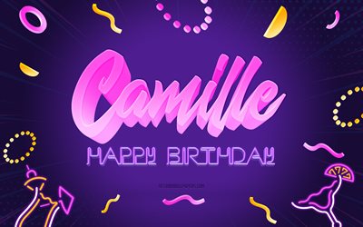 Happy Birthday Camille, 4k, Purple Party Background, Camille, creative art, Happy Camille birthday, Camille name, Camille Birthday, Birthday Party Background