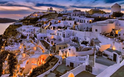 Santorini, Thira, evening, sunset, Aegean, white houses, island, seascape, Greece