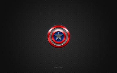 captain america-logo, rot-blaues gl&#228;nzendes logo, captain america-metallemblem, graue kohlefaserstruktur, captain america, marken, kreative kunst, captain america-emblem
