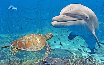 golfinho, tartaruga, 4k, arte vetorial, desenho de golfinhos, arte criativa, a arte do golfinho, desenho vetorial, animais abstratos, mundo subaqu&#225;tico