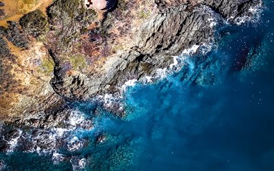 aerial view, 4k, coast, blue water, rocky coast, summer, rocks, sea, beautiful nature, HDR, travel concepts