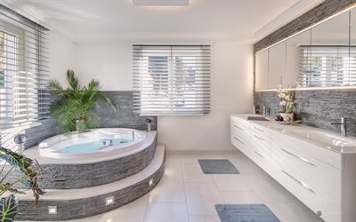 tyylik&#228;s kylpyhuoneen sisustus, moderni muotoilu, kylpyhuone, valkoiset kylpyhuonekalusteet, kylpyhuone-projekti, poreallas