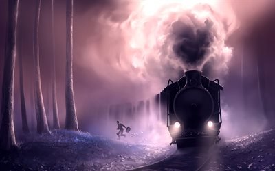 solitario viandante, in treno, di notte, foresta, un uomo che corre