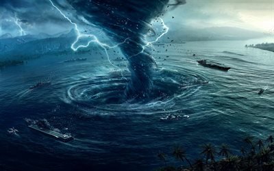 storm, hurricane, whirlwind, vortex, funnel, ships, lightnings