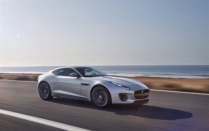 Jaguar F-type, 2018, silver Jaguar, coupe, speed