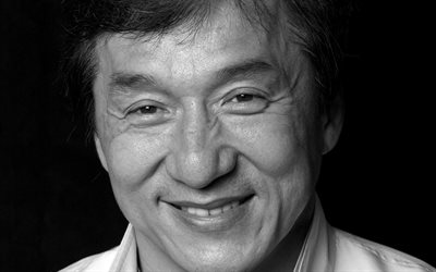Jackie Chan, hong kong ator, retrato, sess&#227;o de fotos, monocrom&#225;tico