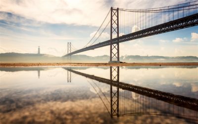 Pont 25 de Abril, Lisbonne, pont du 25 avril, Tage, matin, lever du soleil, pont suspendu, Portugal