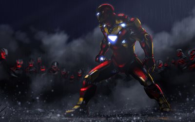 4k, Iron Man, regn, m&#246;rker, superhj&#228;ltar, DC Comics, IronMan