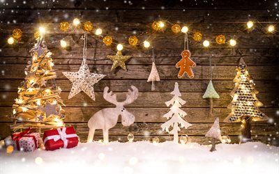 Christmas decoration, wooden figures, tree, lights, deer, wooden background, Happy New Year, Christmas