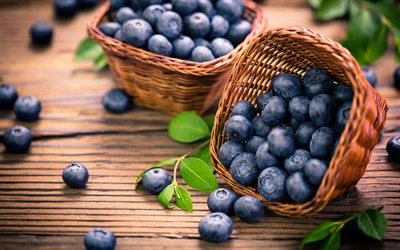 blueberries in baskets, 4k, bilberry, blueberry, berries, macro, fresh fruits, blueberries, fruits