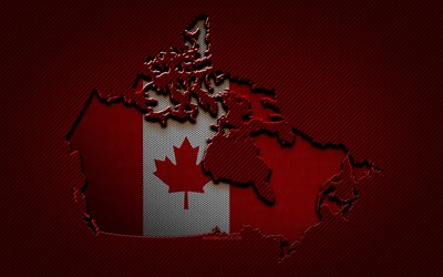 Canada map, 4k, North American countries, Canadian flag, red carbon background, Canada map silhouette, Canada flag, North America, Canadian map, Canada, flag of Canada