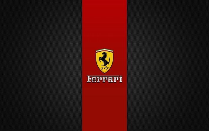 Ferrari, 4k, logo, plano de fundo cinza