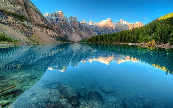 Moraine Lake, Alberta, monta&#241;as, puesta del sol, lago azul, HDR, el Parque Nacional de Banff, Canad&#225;