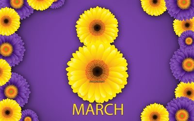 March 8, yellow chrysanthemums, purple background, yellow flowers, Happy Women&#39;s Day, spring, March 8 concepts, March 8 greeting card