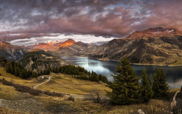 Lago de monta&#241;a, primavera, puesta de sol, las monta&#241;as, la hermosa naturaleza