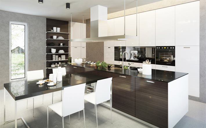 Cozinha moderna, projeto da cozinha, madeira escura, minimalismo