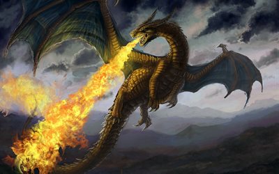 dragon cracheur de feu, l&#39;art, le dragon volant, le ciel, la flamme, le feu