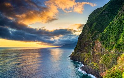 Madeira, 4k, sunset, coast, mountains, beautiful nature, Portugal, Europe
